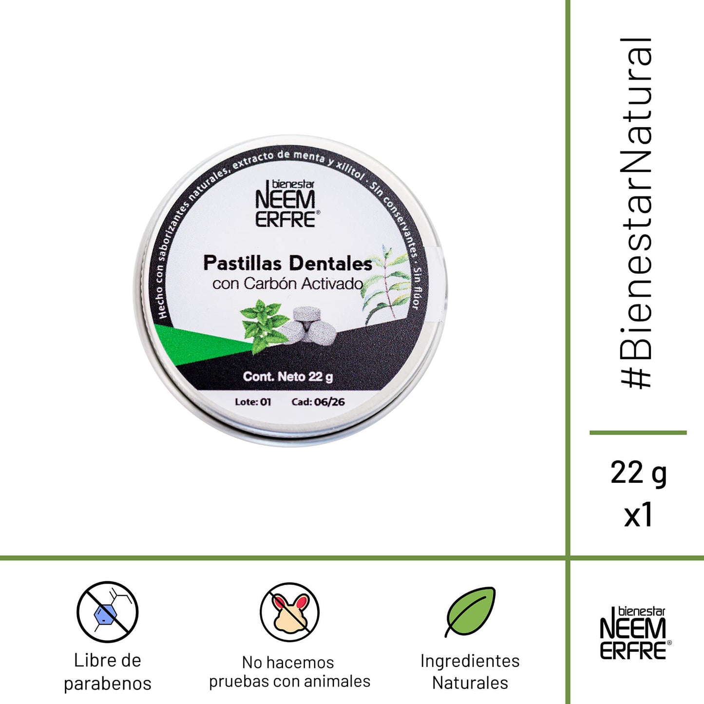 Tableta dental de carbon activado sin fluor