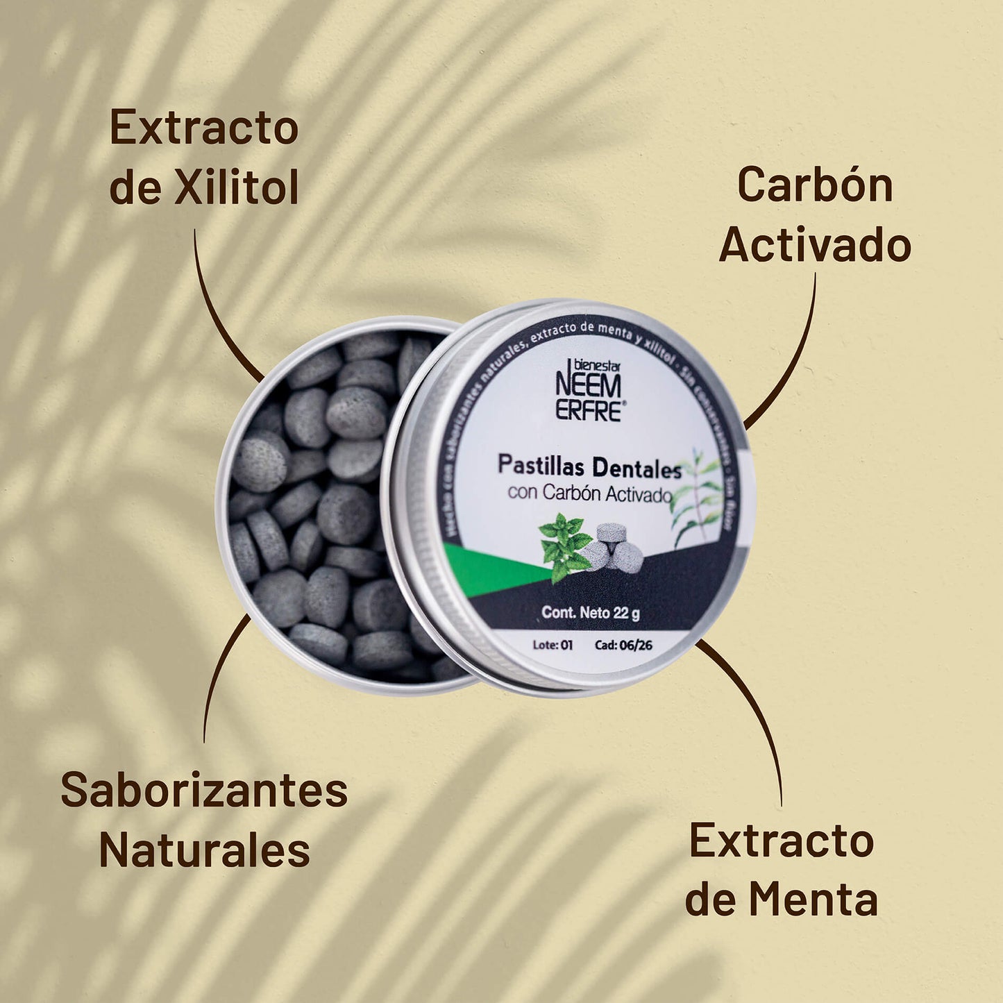 Tableta dental de carbon activado sin fluor