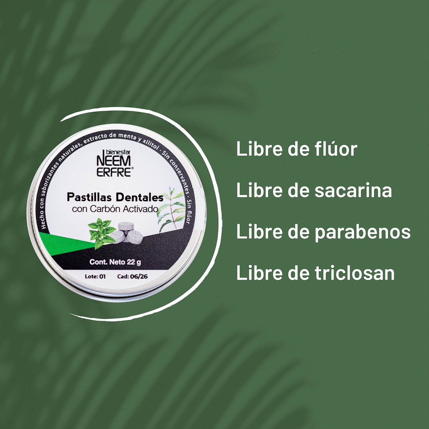 Tableta dental de carbon activado sin fluor