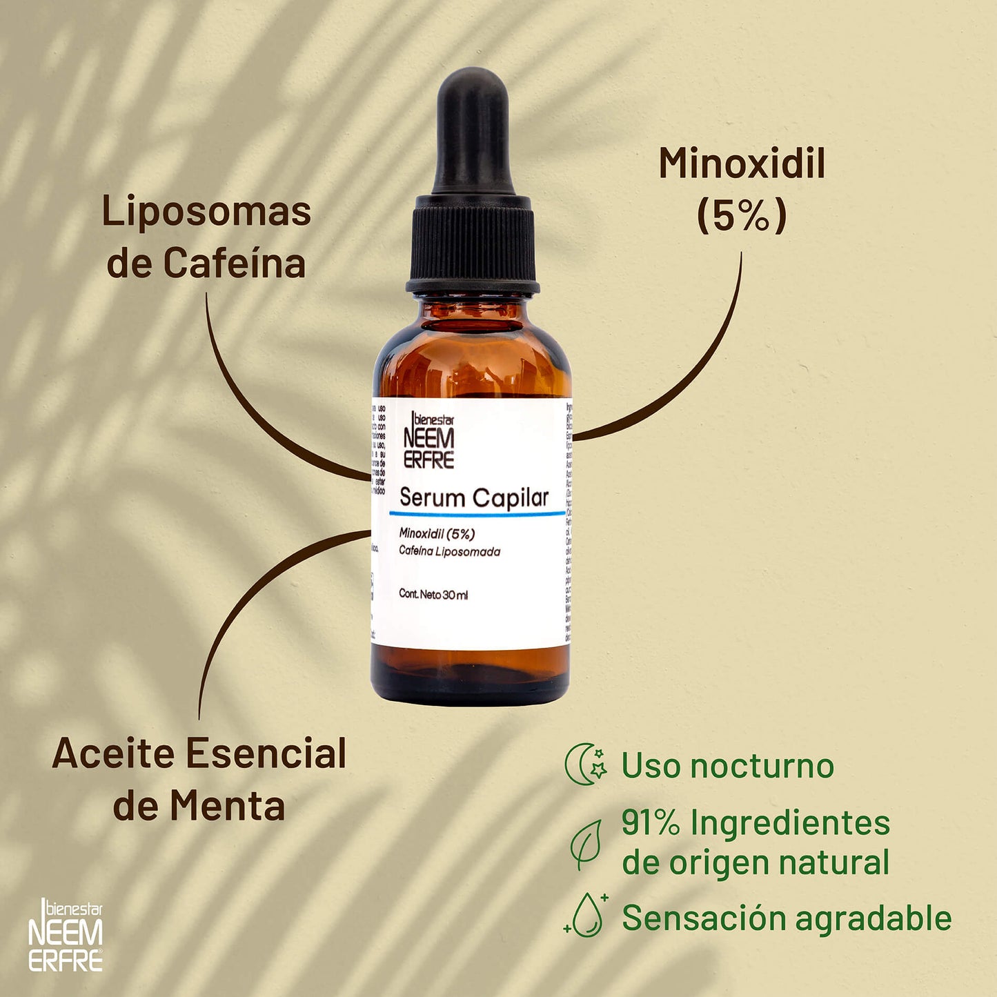 Serum capilar con minoxidil 5% y cafeina liposomada