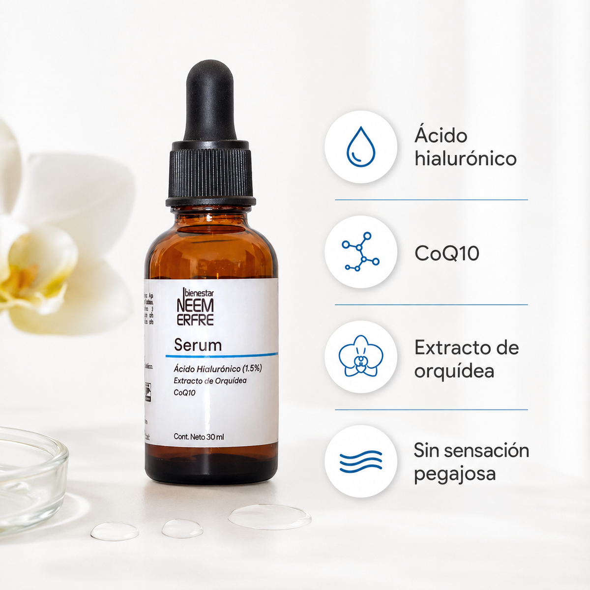 Serum de Ácido Hialurónico al 1.5% +  Coenzima Q10 + Escualano + extracto de orquídea