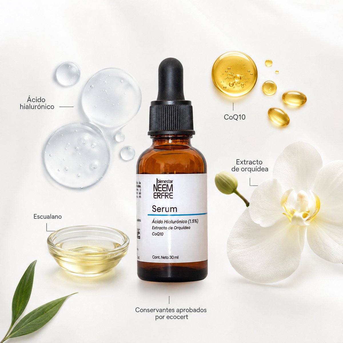 Serum de Ácido Hialurónico al 1.5% +  Coenzima Q10 + Escualano + extracto de orquídea