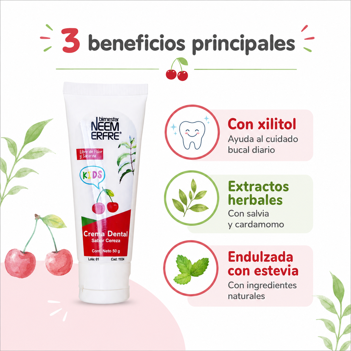 Crema dental infantil sabor cereza para niños