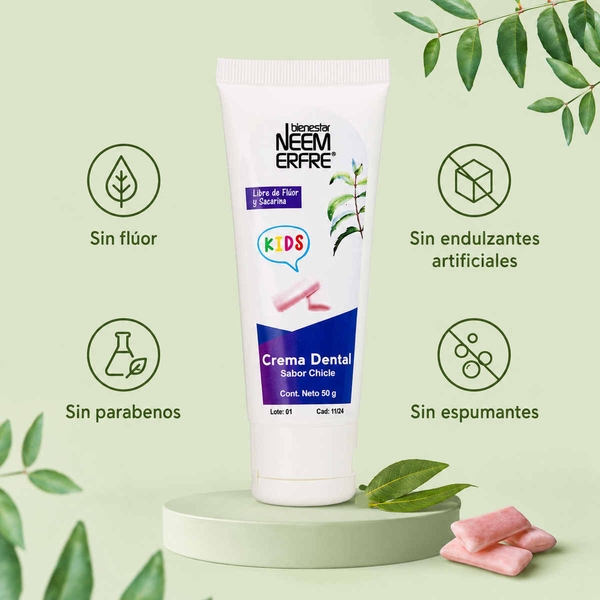 Crema dental infantil sabor chicle para niños