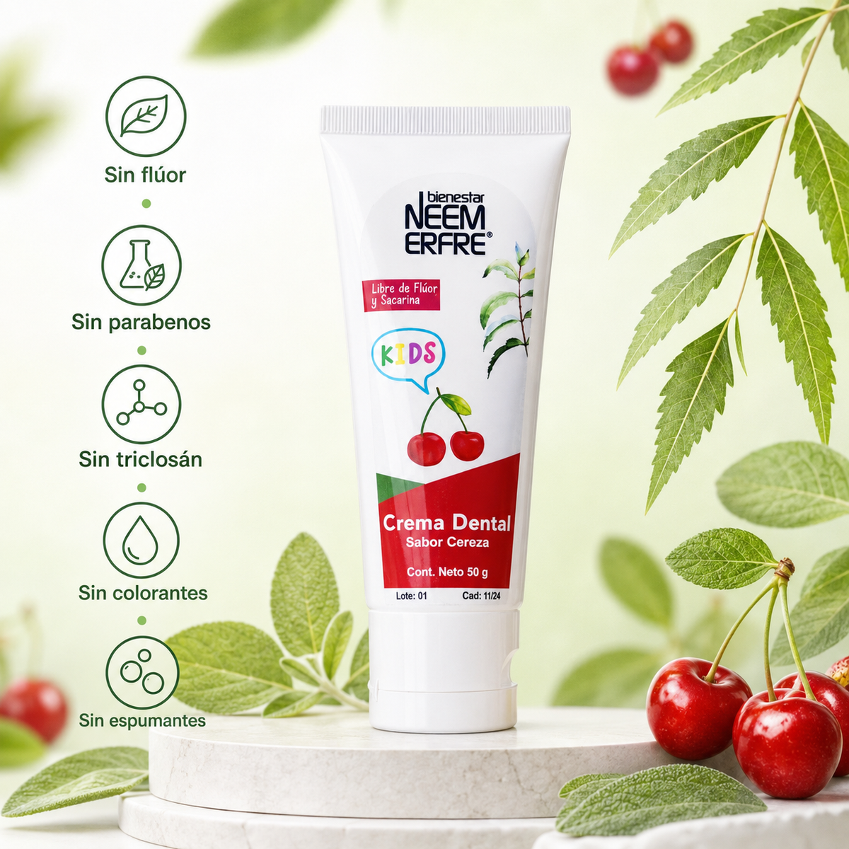 Crema dental infantil sabor cereza para niños