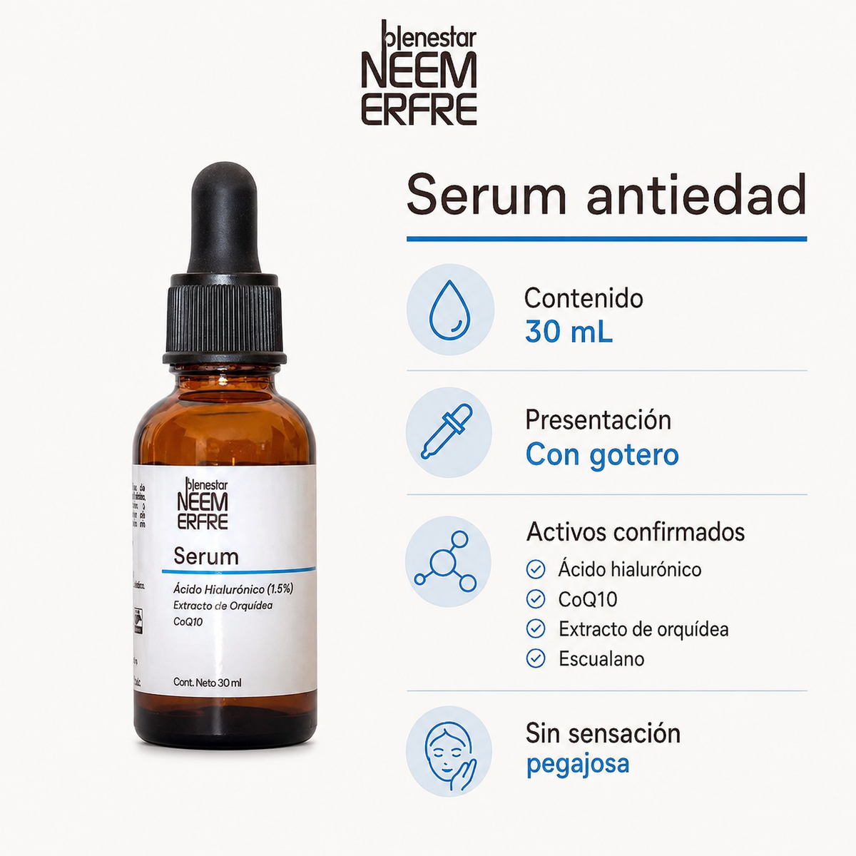 Serum de Ácido Hialurónico al 1.5% +  Coenzima Q10 + Escualano + extracto de orquídea